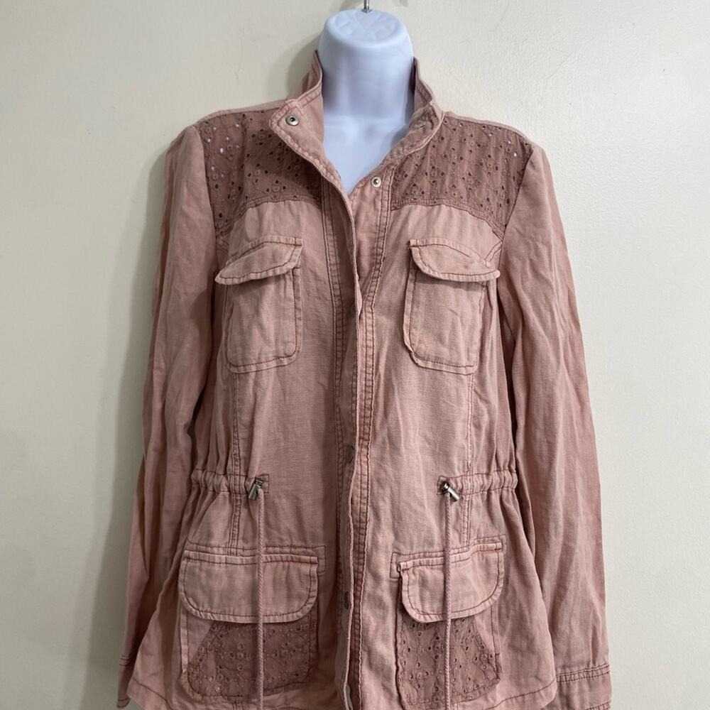 Boho Maurices Womens Small Pink Eyelet Lace Accent Drawstring Utility Jacket
